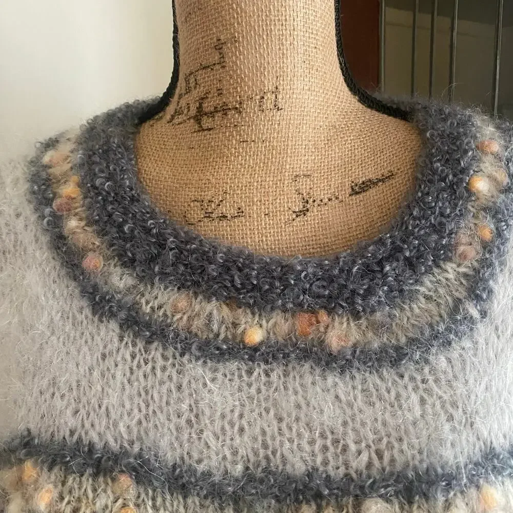 Vintage 70s 80s Handmade Mohair Wool Blend Sweater Fuzzy Knit Tunic Gray Long